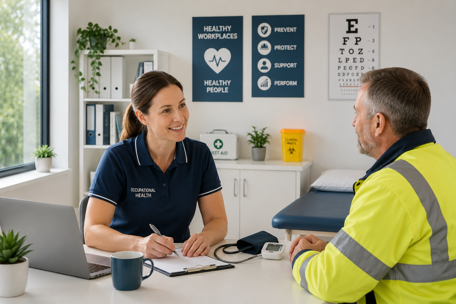 An occupational-health clinician consulting with a worker